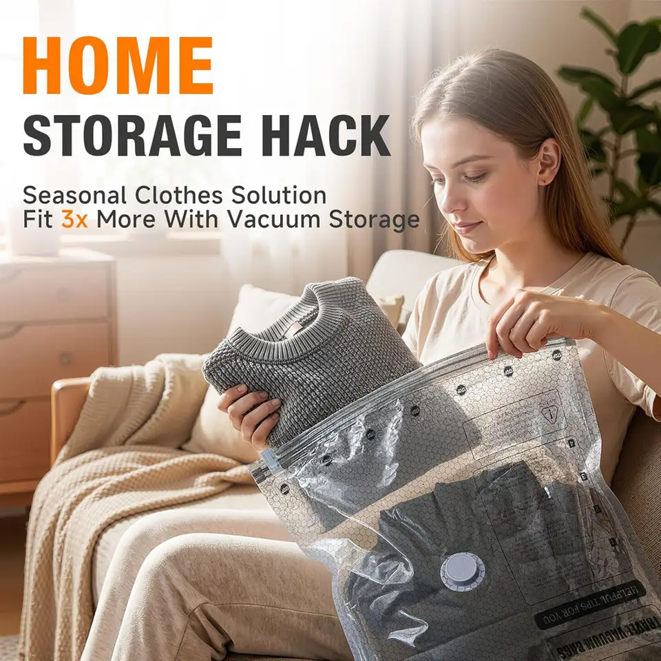 Compression bag used to store folded sweaters at home