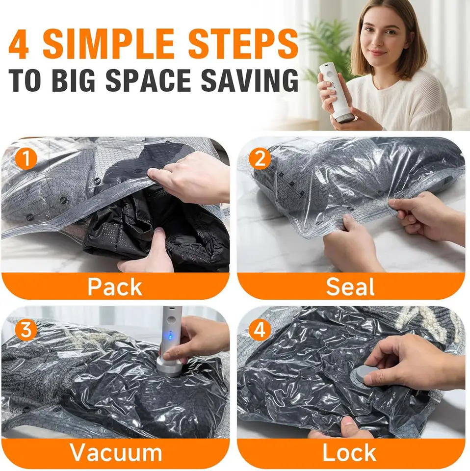 The four steps in use: packing, sealing, vacuuming and locking the valve