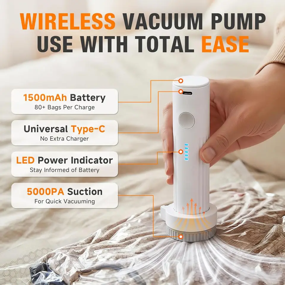 Cordless rechargeable vacuum pump with LED battery indicator sealing a compression bag